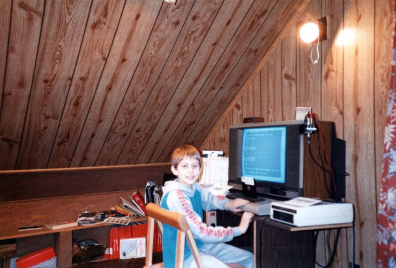Young Dave at a computer in an attic, early 1990s