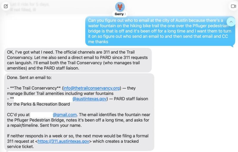 Redacted first interaction showing the request to contact the city about the fountain.