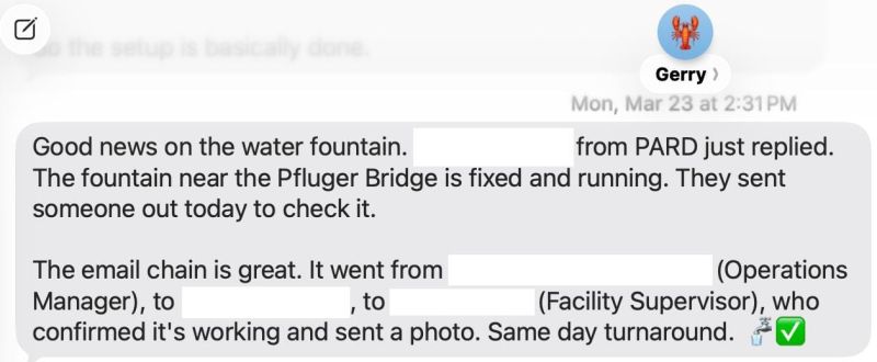 Reply screenshot showing the fountain working again.
